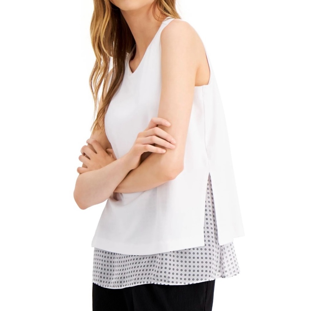 ALFANI Womens White Sheer Layered Sleeveless V Neck Tank Top L